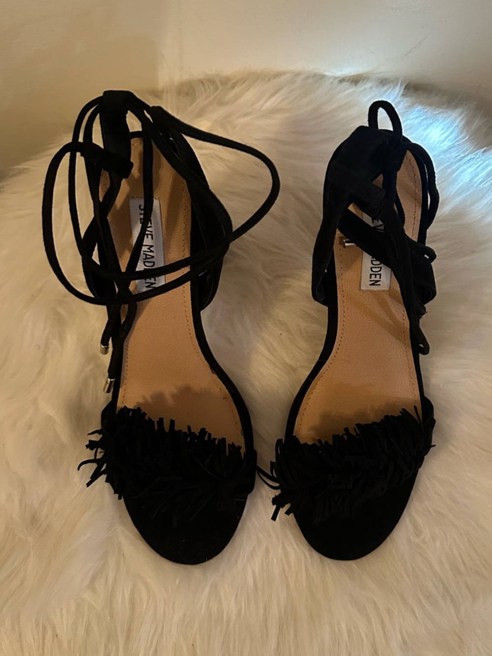 Steve Madden Black Suede Pom-Pom Lace-Up Block Heels - Picture 2 of 3